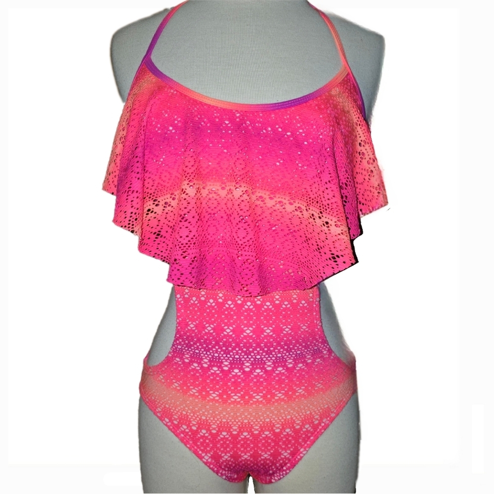 One Piece Y2K Monokini Swimsuit Pink Purple & Orange Ombre w/ Flouncy Trim - Sml